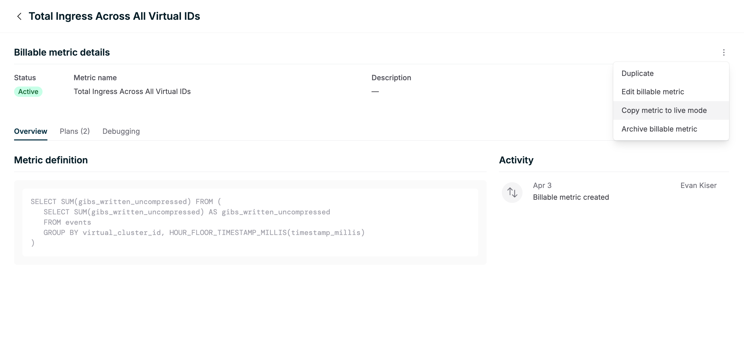 Dashboard showing billable metric details with option to copy to live mode
