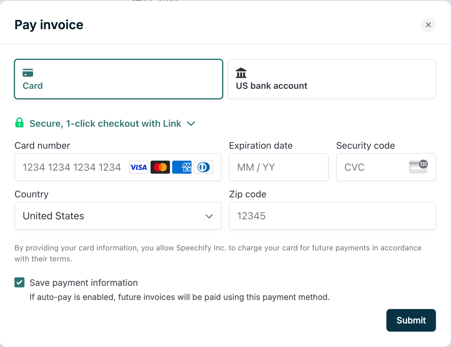 Checkout modal displaying payment options, including Stripe Link