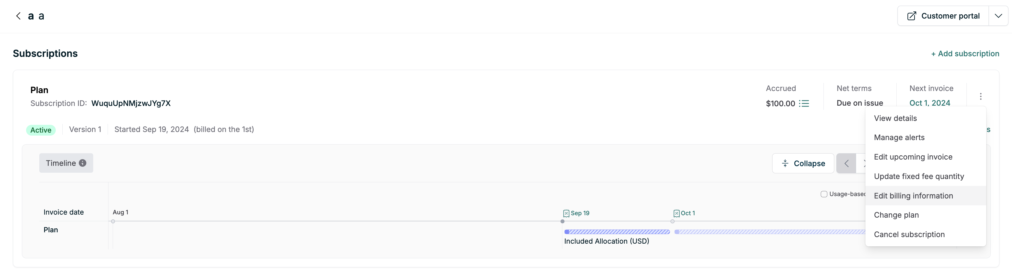 Subscription details page showing the 'Edit billing information' option