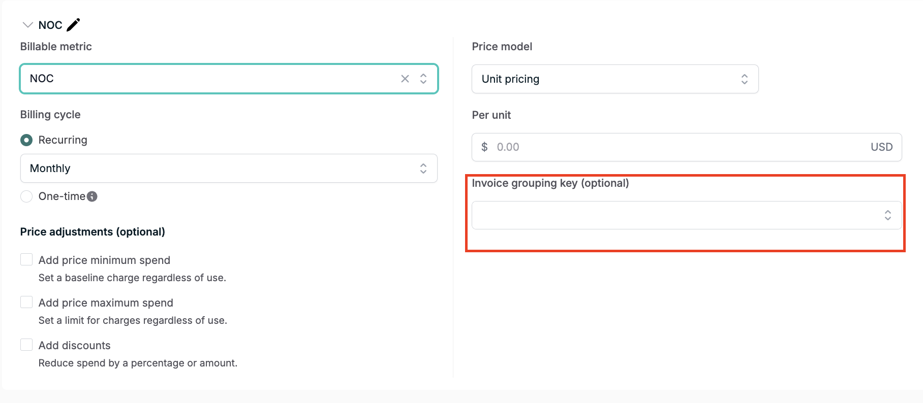 Invoice grouping key configuration in pricing settings