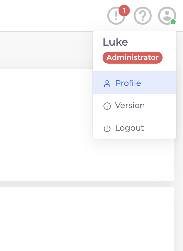 User profile dropdown menu showing Profile, Version, and Logout options with Profile highlighted
