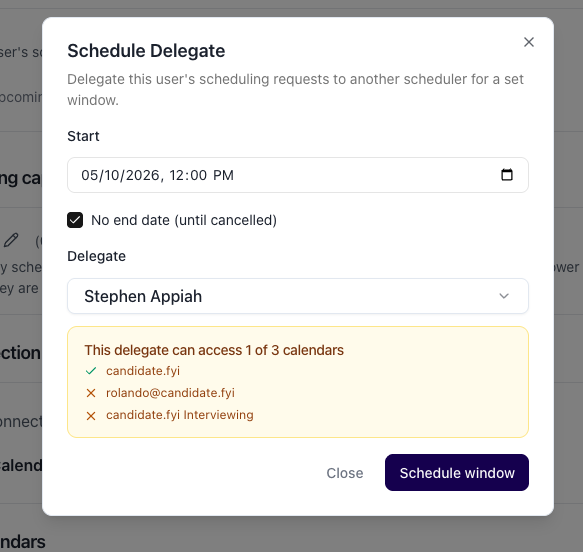 Schedule Delegate dialog, including the calendar access check.