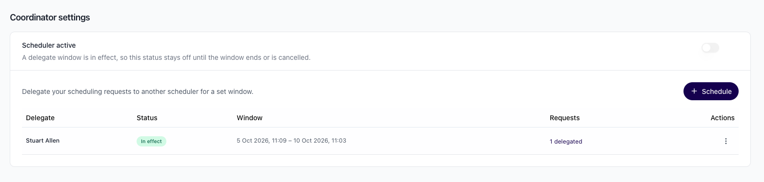 Delegate window table, with status, dates, and the requests count.