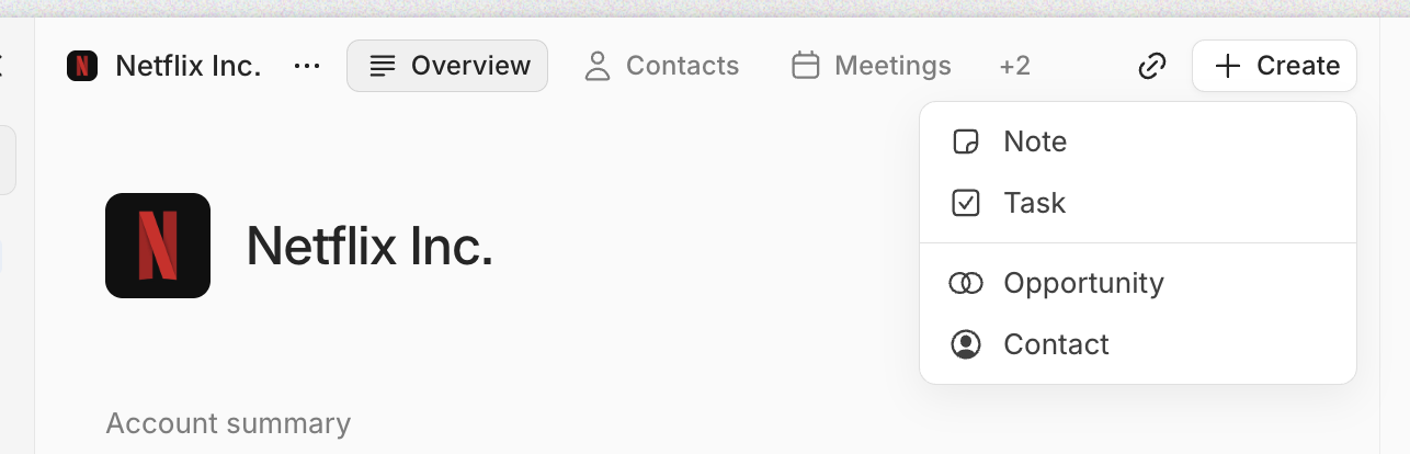 Create menu showing options for Note, Task, Opportunity, and Contact