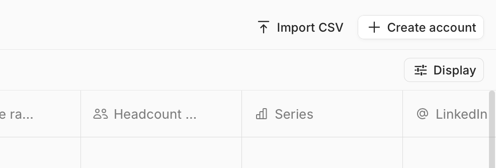 User interface showing an Import CSV option and Create account button
