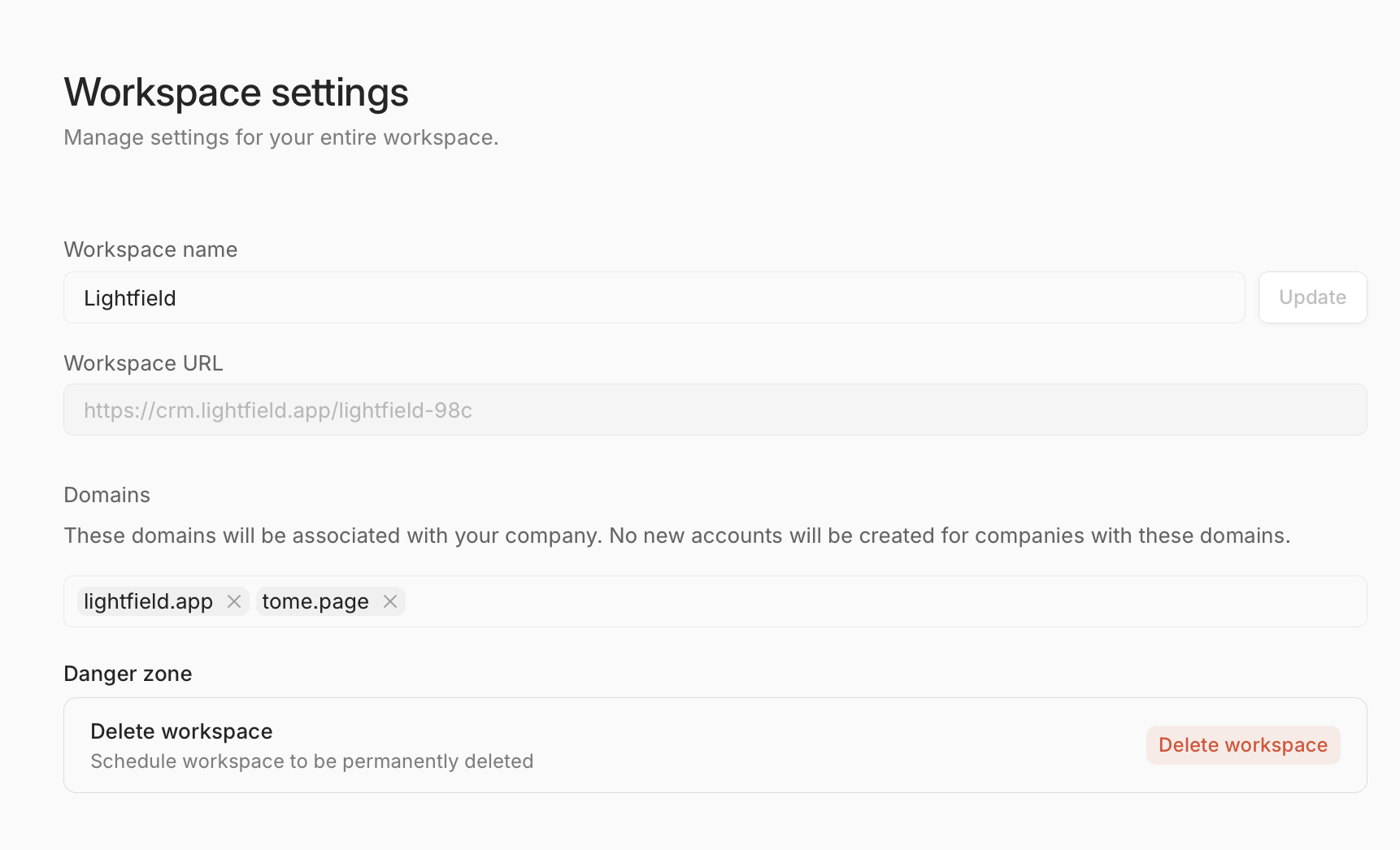 Workspace settings page showing domain list configuration