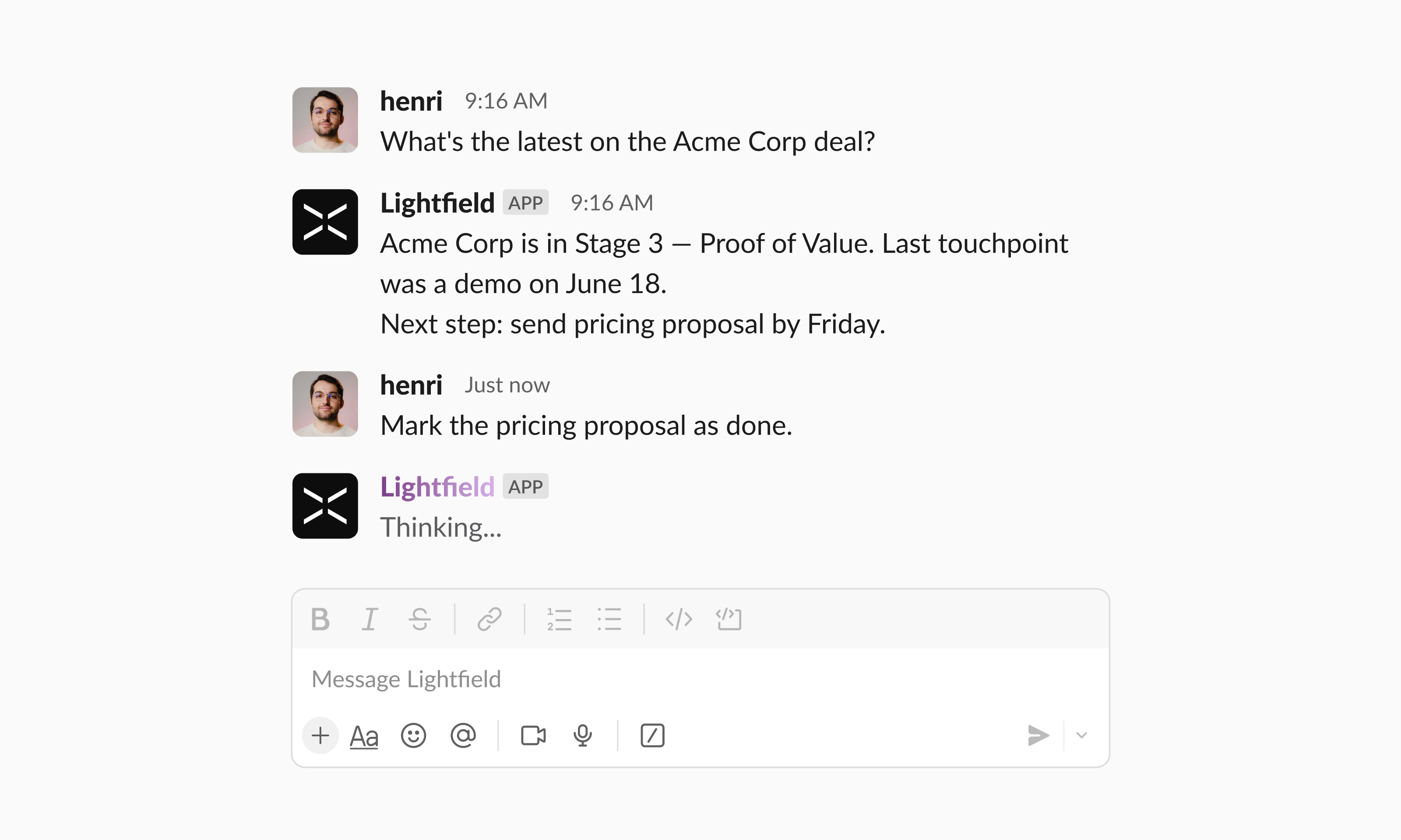 Chat with the Lightfield agent in Slack