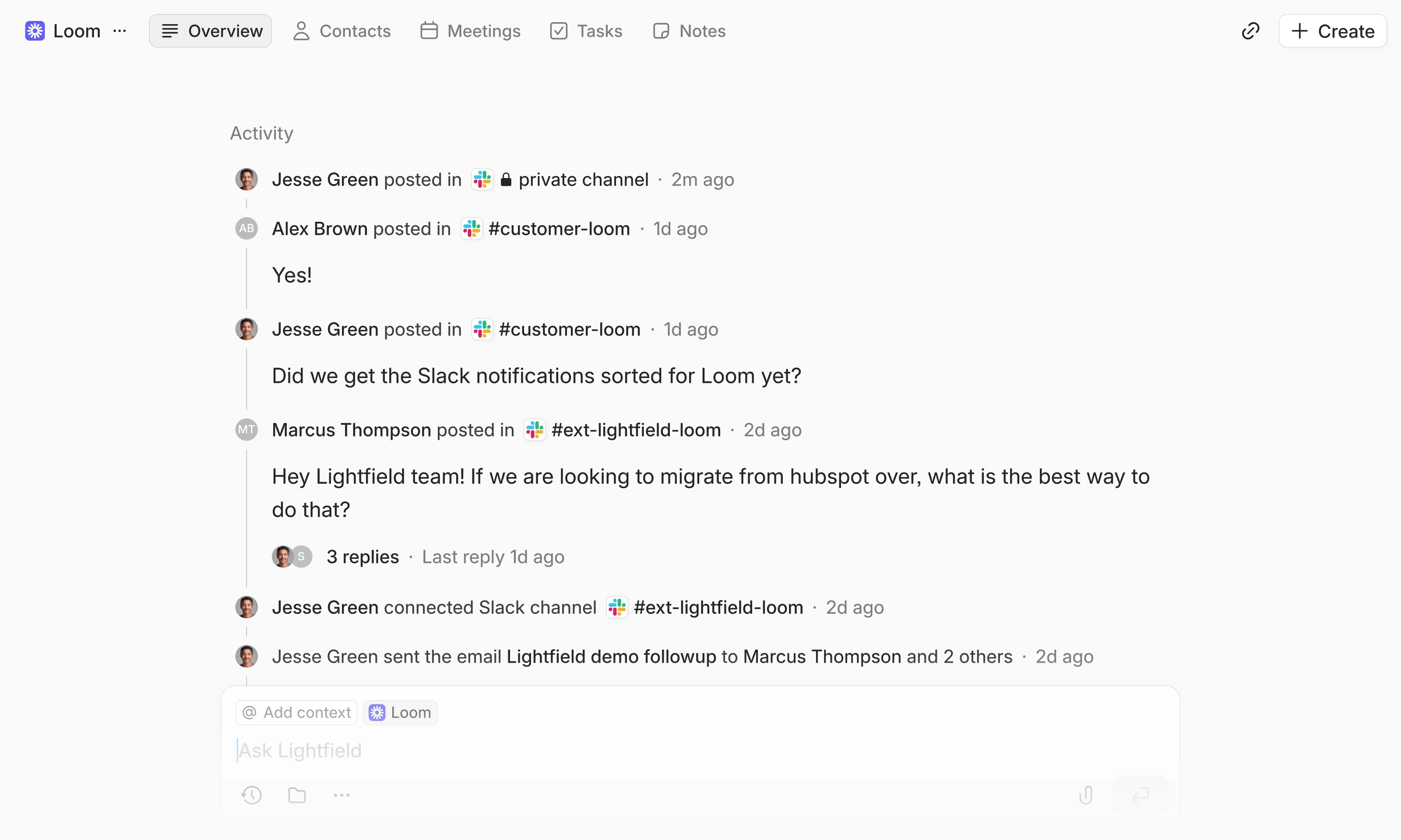 Slack channel messages in a Lightfield activity log