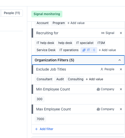 Screenshot showing the Organisation Filters section with Exclude Job Titles option and example exclusion tags