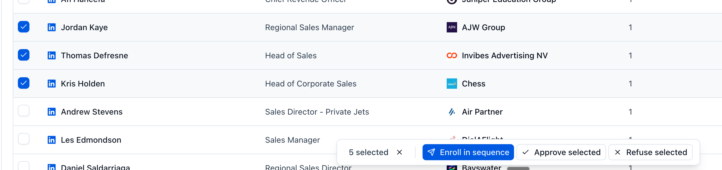 User interface showing a list of leads with checkboxes on the left, where five items are selected and a bottom action bar offers options like Enroll in sequence, Approve selected, Refuse selected, and a count indicator showing 5 selected.