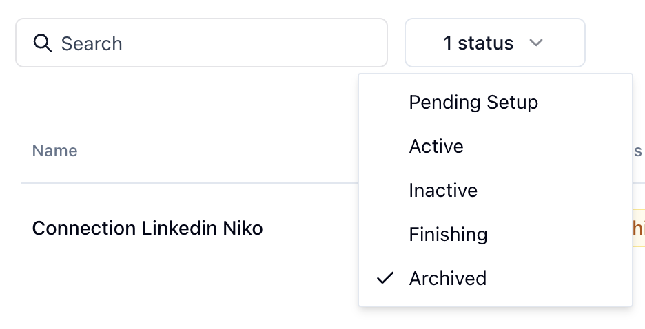 User interface showing how to archive a campaign by editing status to Archived, with a status filter dropdown including Pending Setup, Active, Inactive, Finishing, and Archived