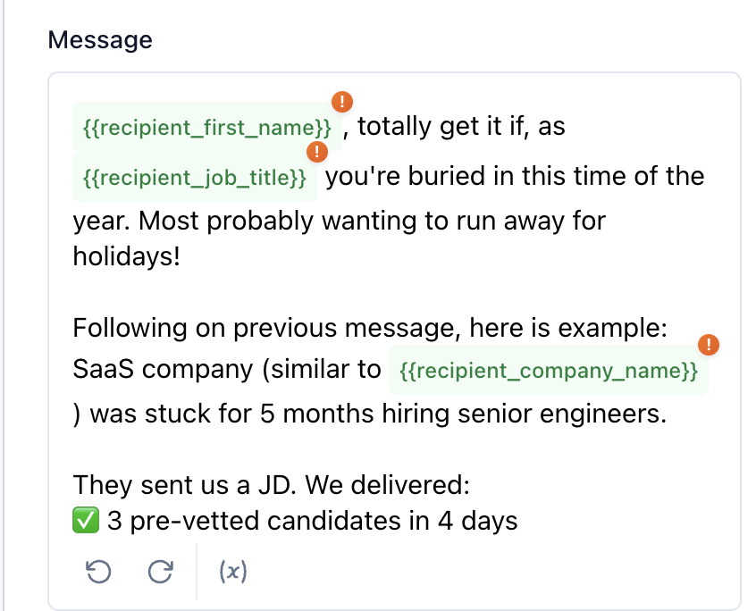 Image of a message editor showing placeholder variables like {{recipient_first_name}} and {{recipient_job_title}} with inline warnings, illustrating the need for a fallback value to prevent failure when names don't match.