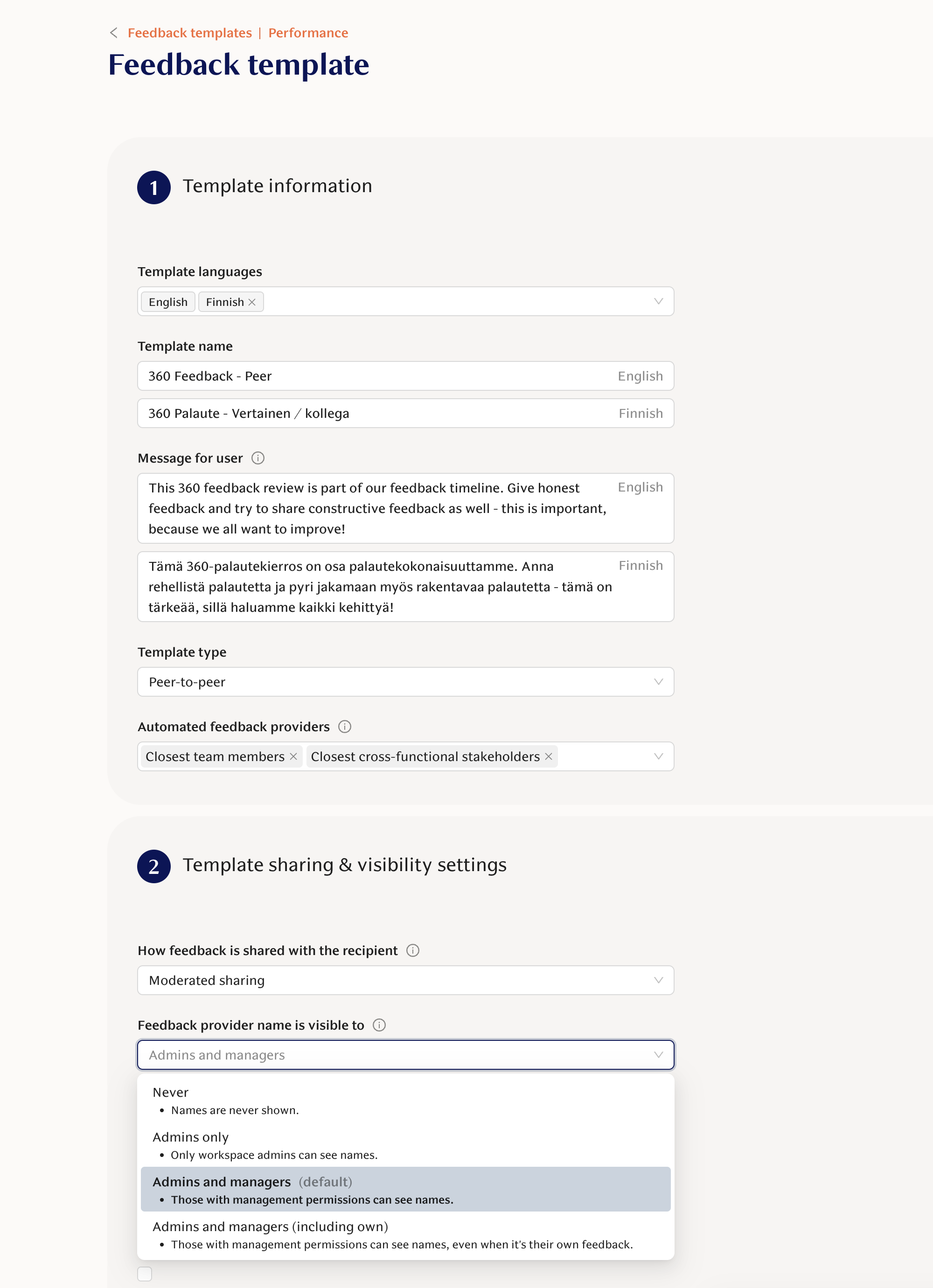 Feedback template settings showing visibility options