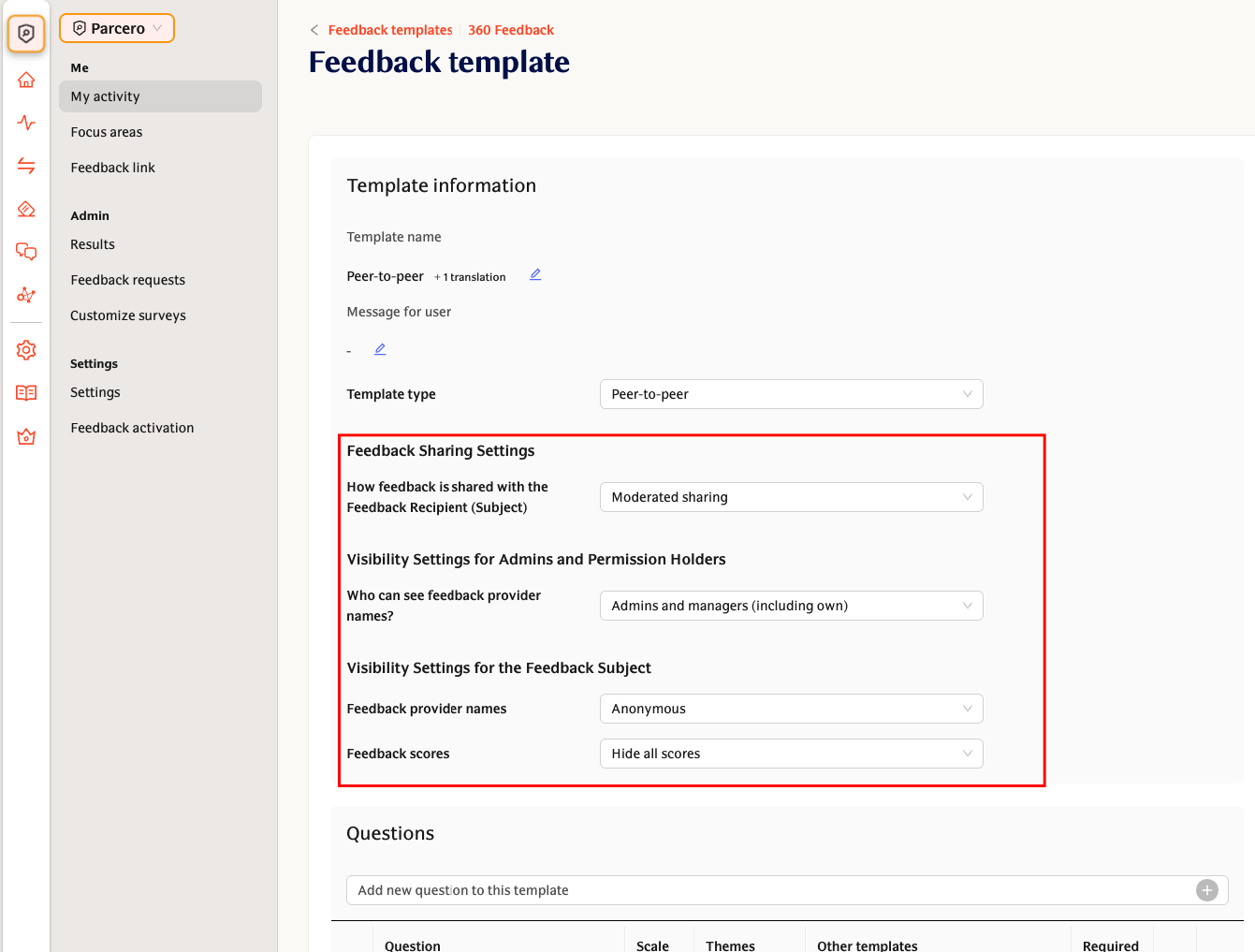 Template customization options showing different feedback types