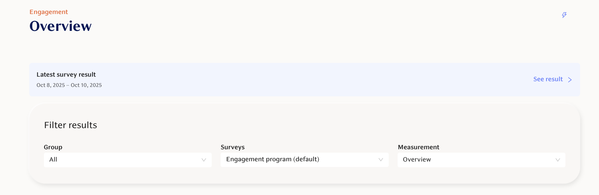 Filter results interface showing dropdown menus for Group, Surveys, and Measurement selection