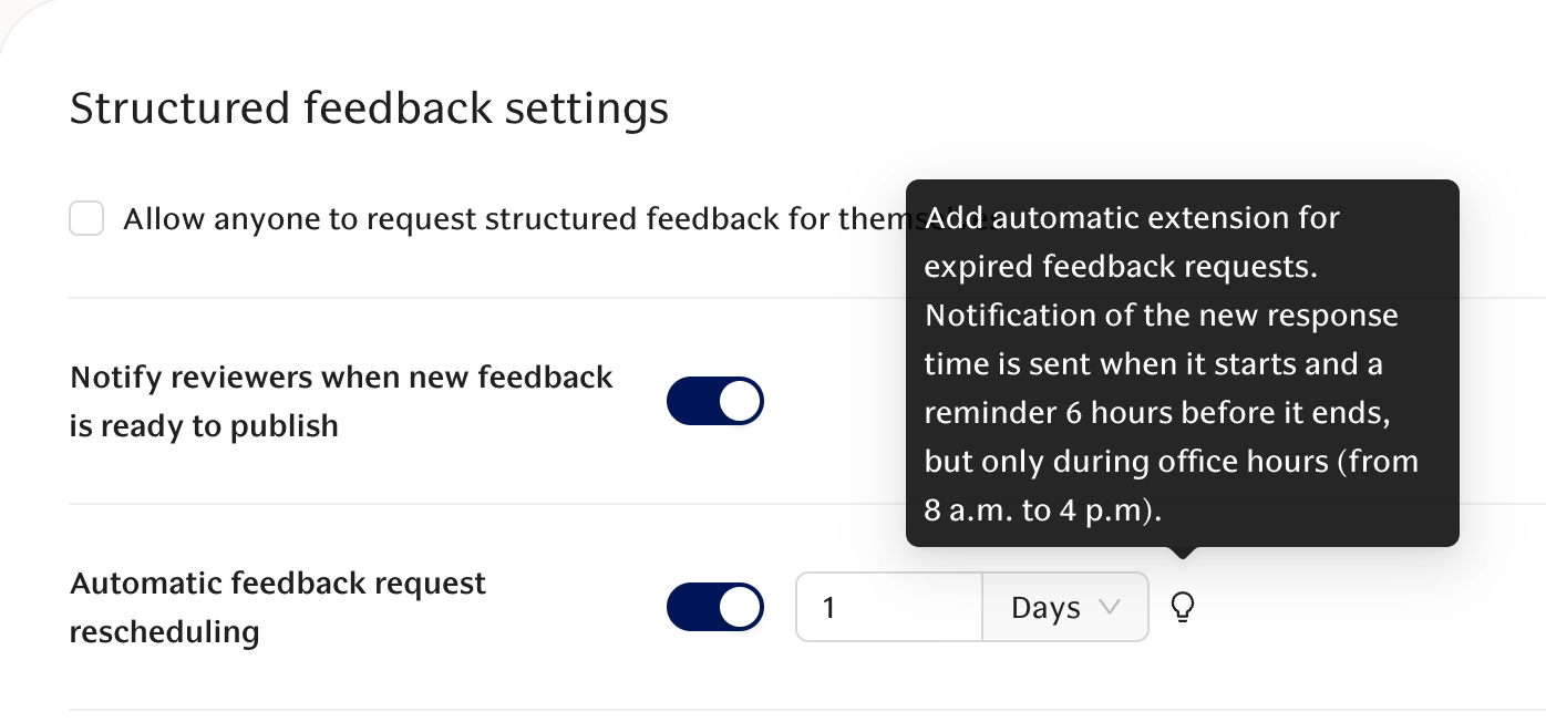 Image of a software settings page titled 'Structured feedback settings,' showing options for automatic extension and rescheduling with a description tooltip about expiration reminders.