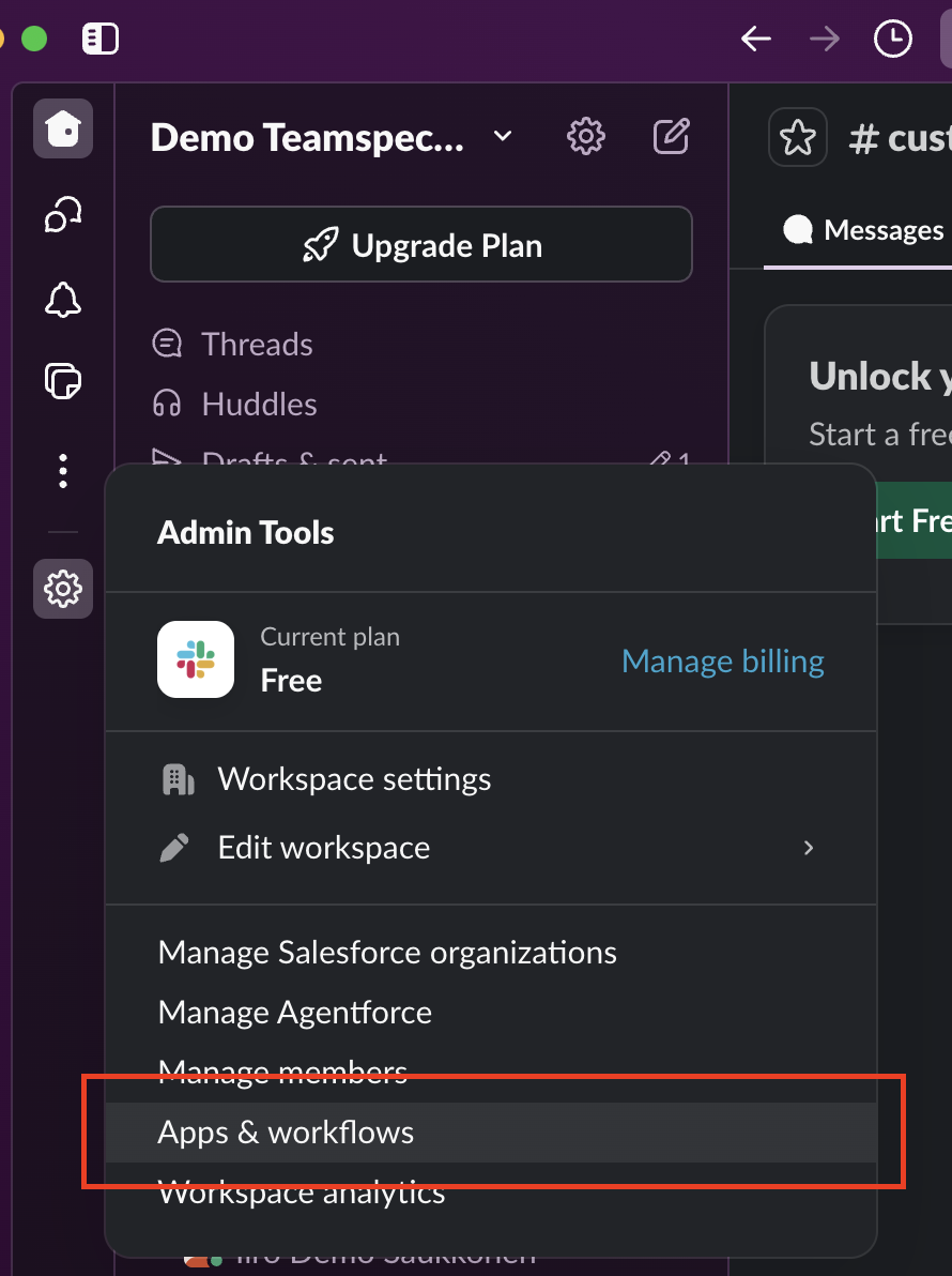Screenshot 2026-04-08 at 11.22.18.png Slack sidebar showing the workspace menu with "Admin Tools" expanded and "Apps & Workflows" highlighted