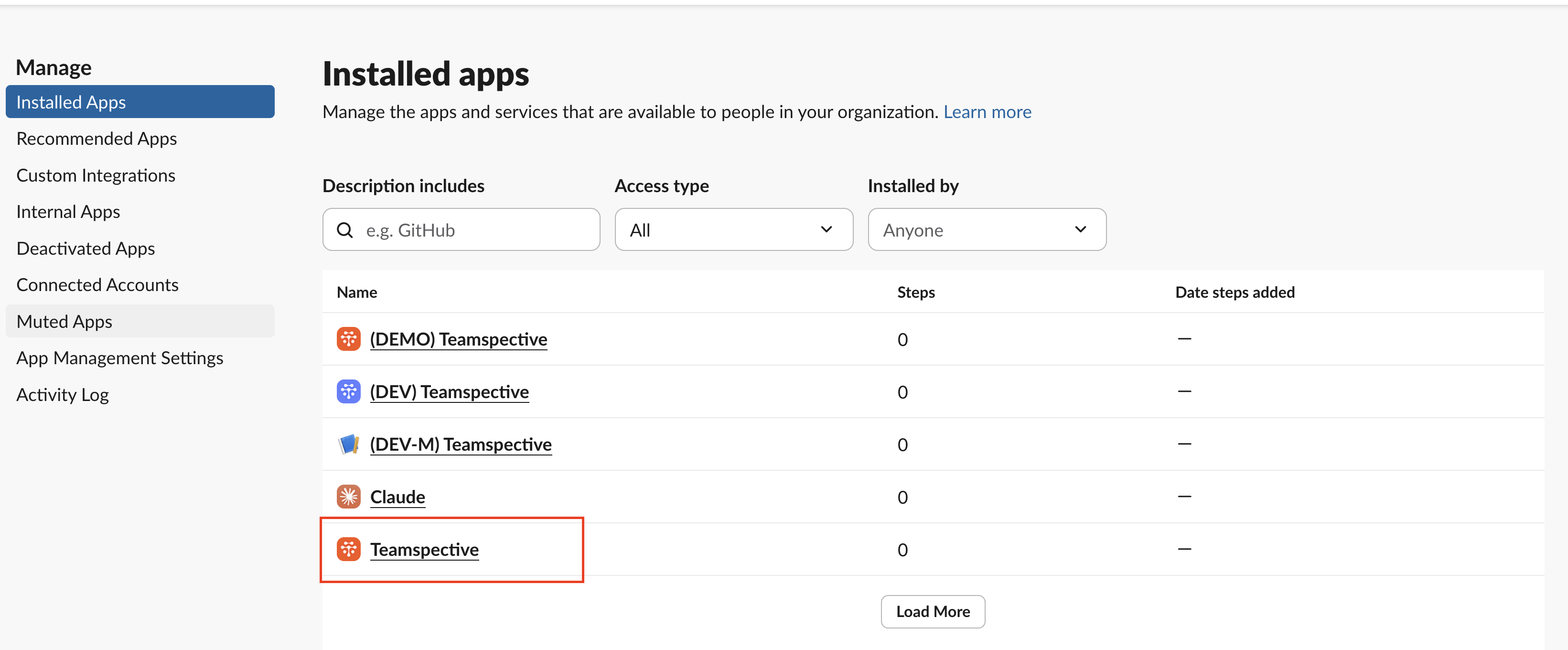Screenshot 2026-04-08 at 11.24.16.png Slack's installed apps page with the Teamspective app visible in the list