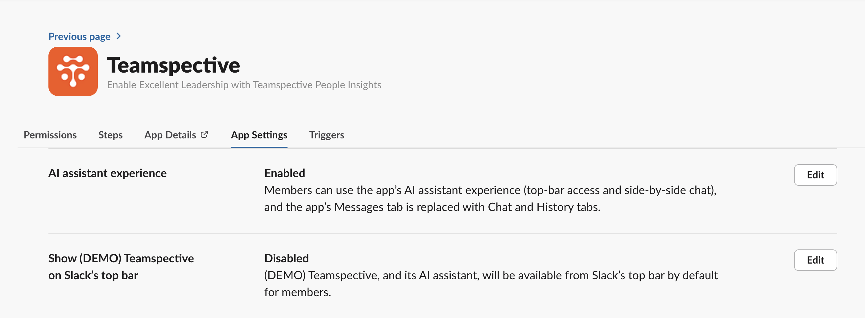 image.png The App Settings page showing the "AI assistant experience" option with an "Edit" button