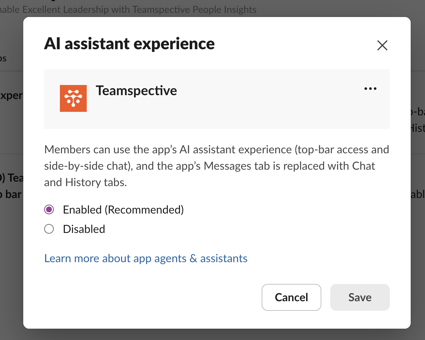 image.png The AI assistant experience toggle showing "Enabled" and "Disabled" options with a "Save" button