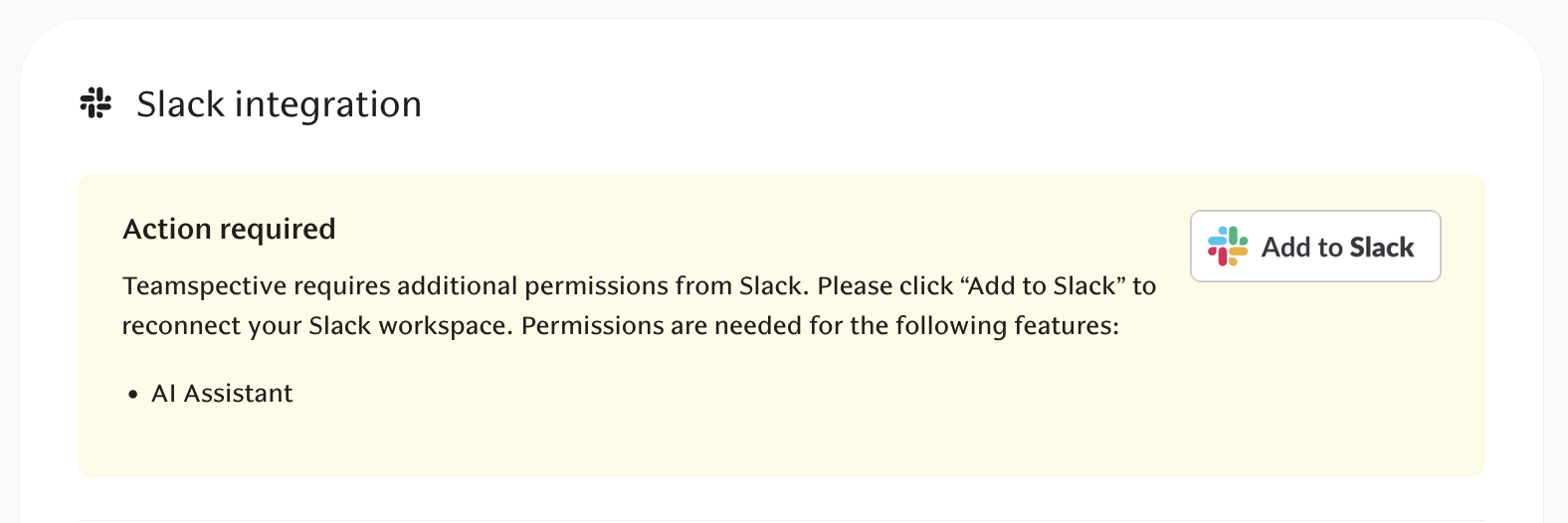 kuva.png Slack integration settings page showing a warning that additional permissions are required.