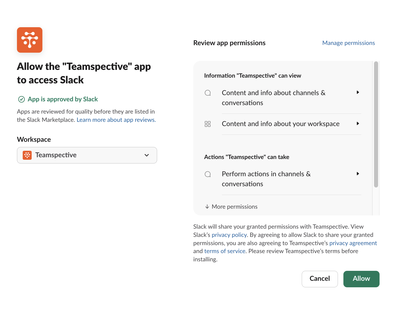 kuva.png Slack OAuth authorization page showing the permissions Teamspective is requesting, including the assistant:write scope.