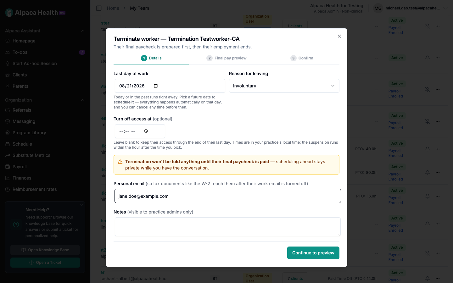 Entering the termination details