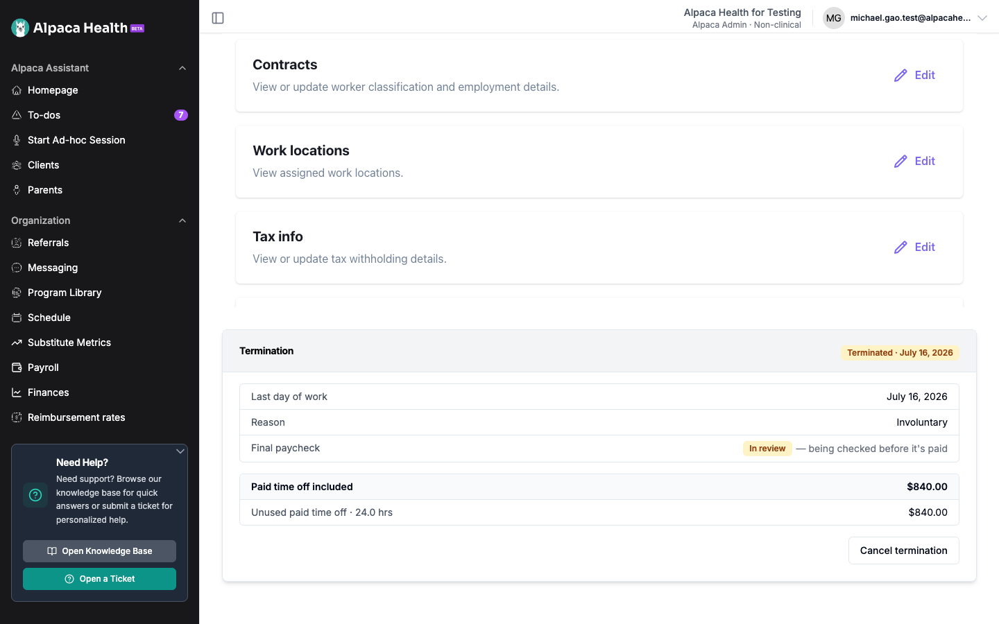 Managing a termination from the profile