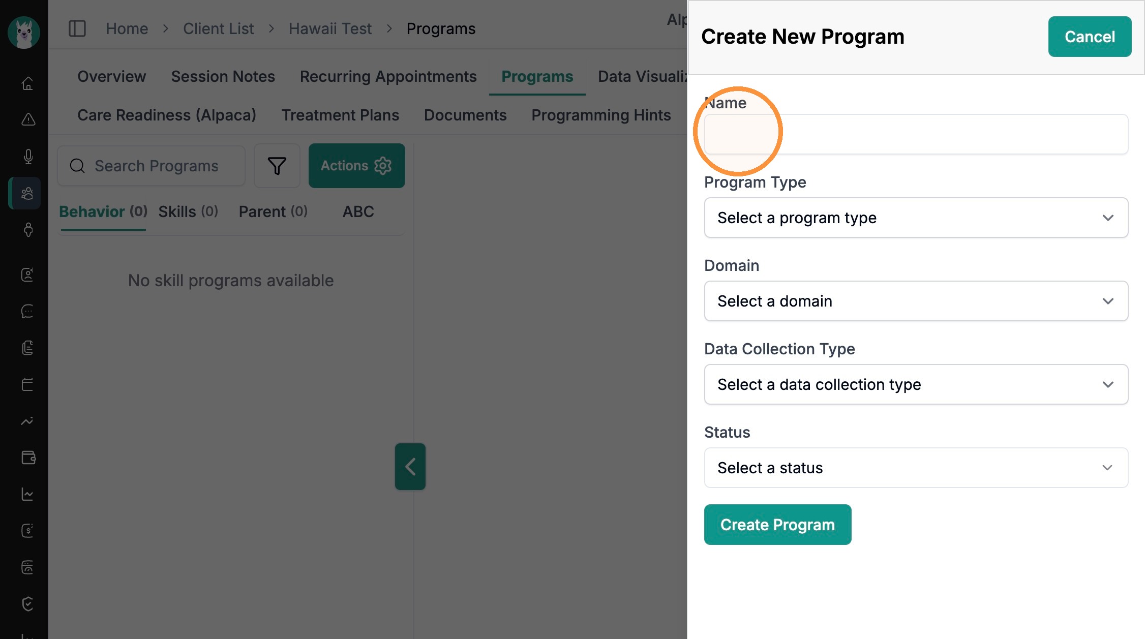 The Program Type field in the Create New Program panel.