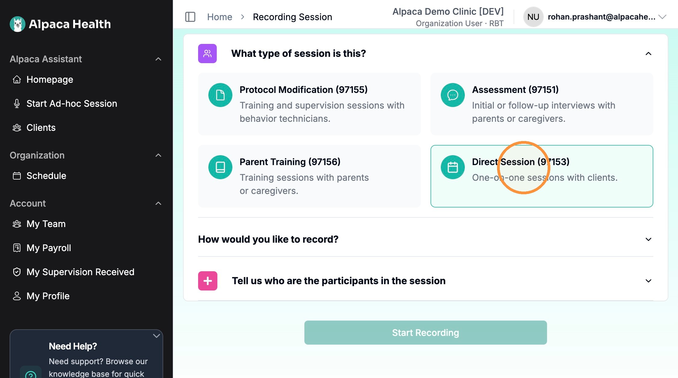 Session type screen with Direct Session selected