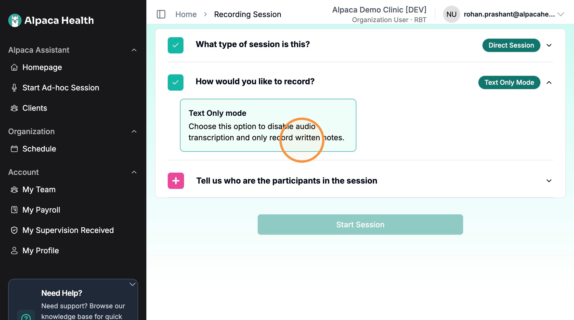 Text Only Mode selected under How would you like to record