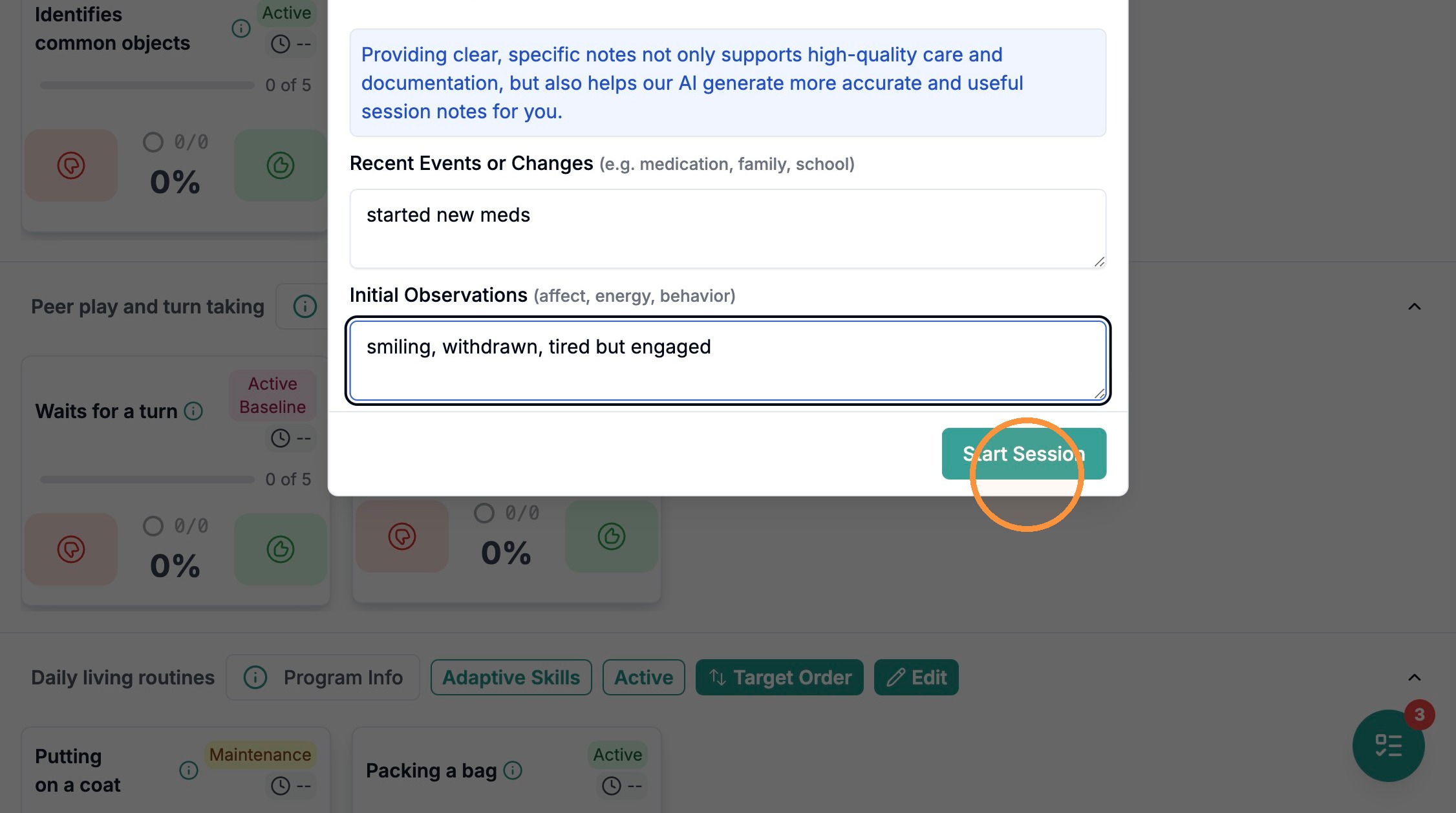 Start of Session modal filled in, Start Session enabled