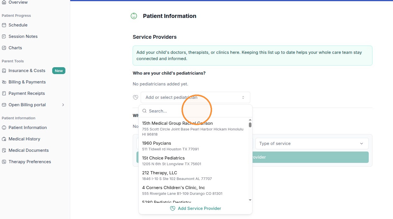 The provider picker with a Search box at the top. Type to filter, then click a result to add it.