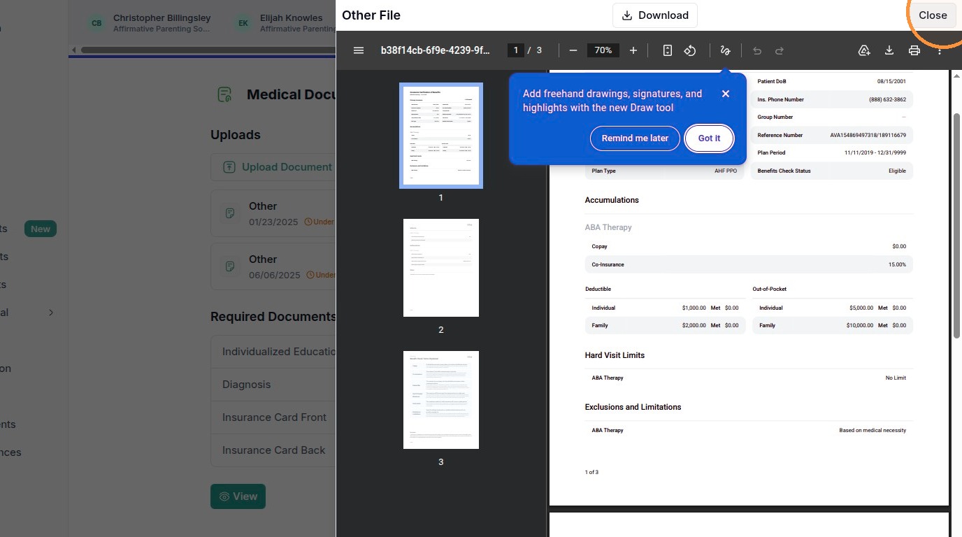 The document viewer. Page through or Download the file, then click Close (top-right) to return to the page.