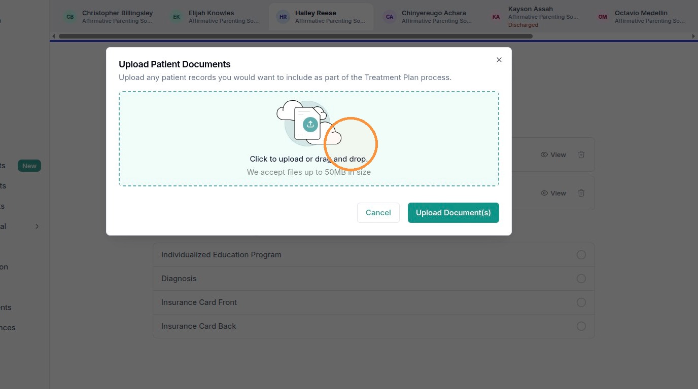 The upload window. Click the dashed area to browse or drag a file onto it (up to 50MB), then click Upload Document(s).