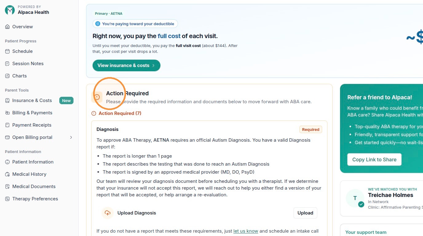 The Action Required card on the Overview page lists every outstanding task and shows a count of how many are still open.