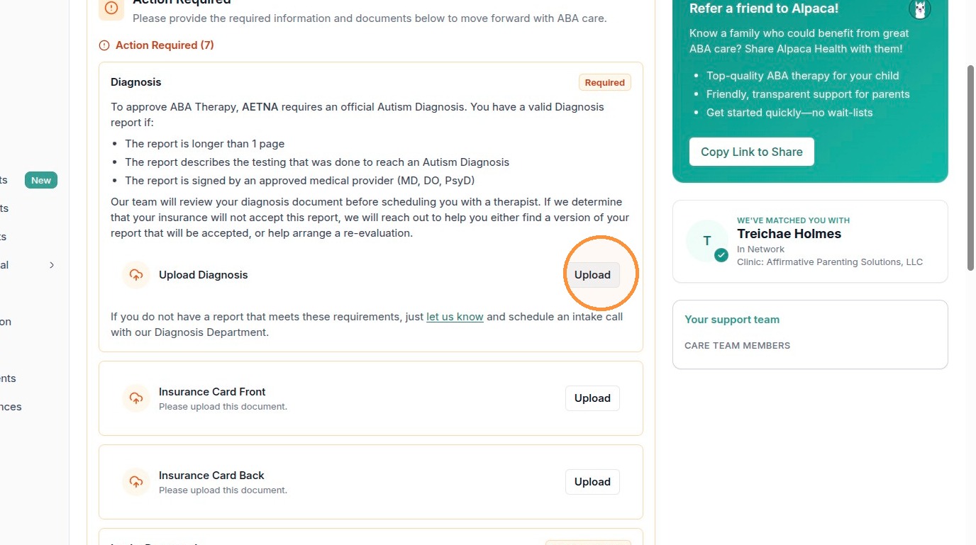 The Diagnosis item in the Action Required checklist. It spells out what a valid report needs, has an Upload button, and explains that Alpaca's team reviews your report before scheduling.