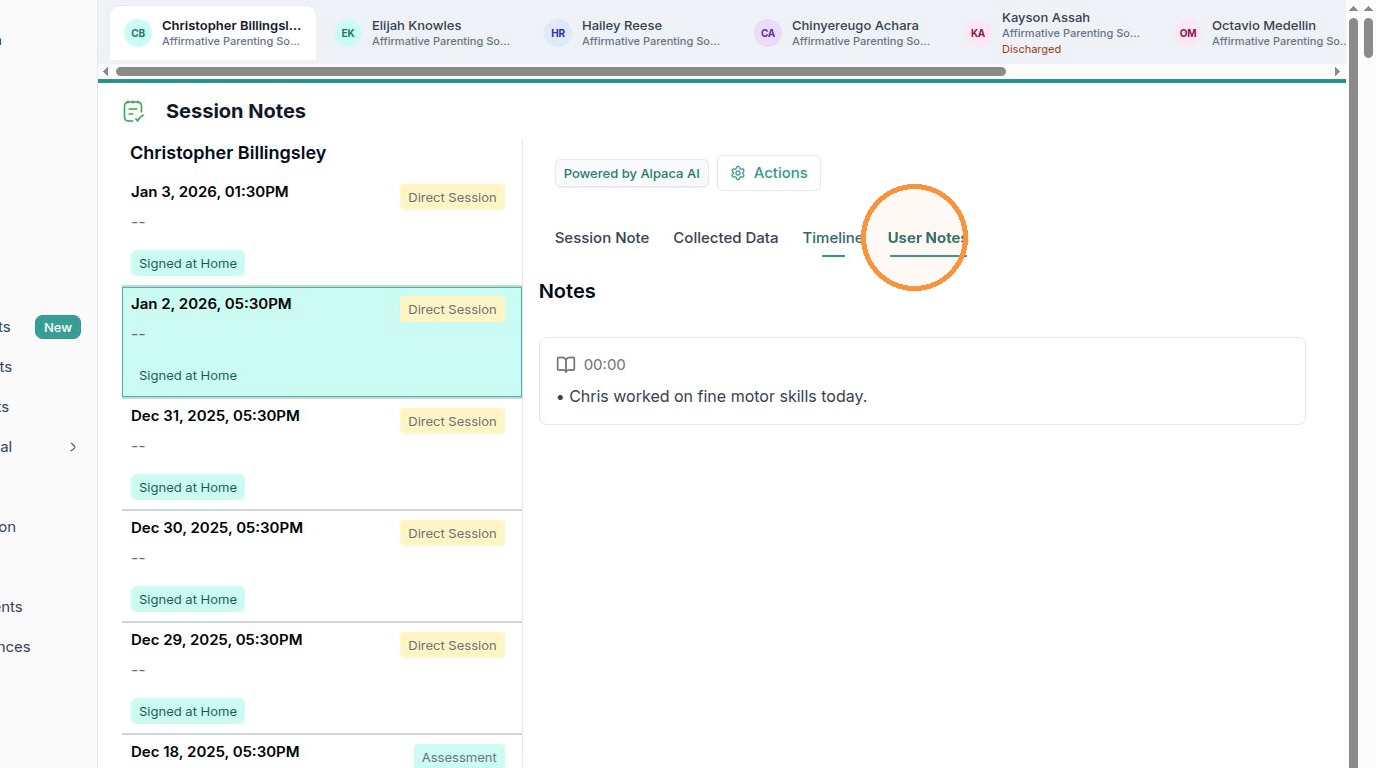 The User Notes tab holds brief, timestamped notes attached to the session.