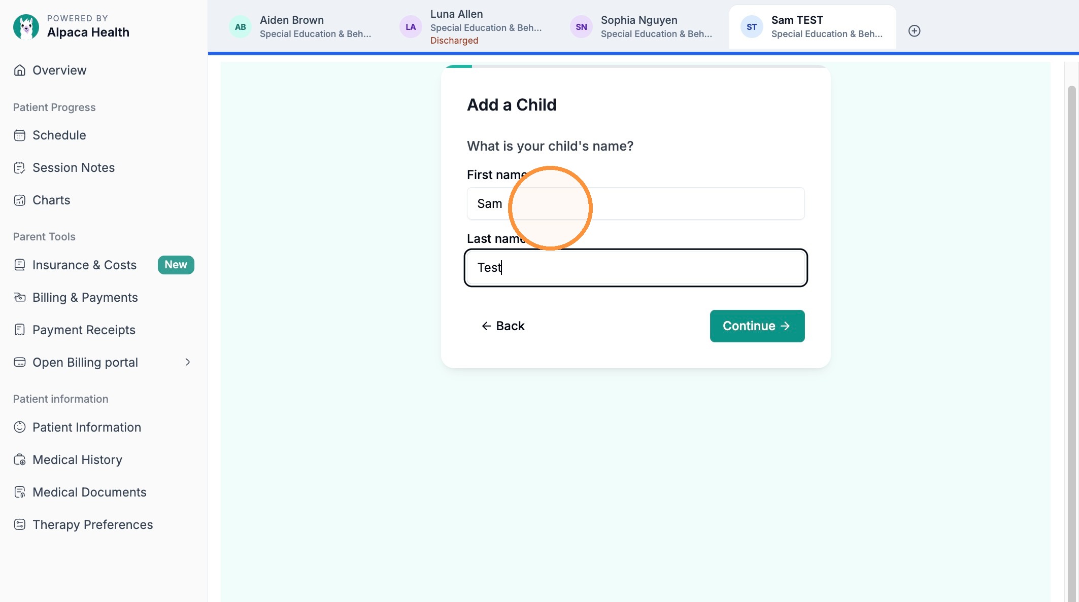 Enter the sibling's first and last name, then click Continue.