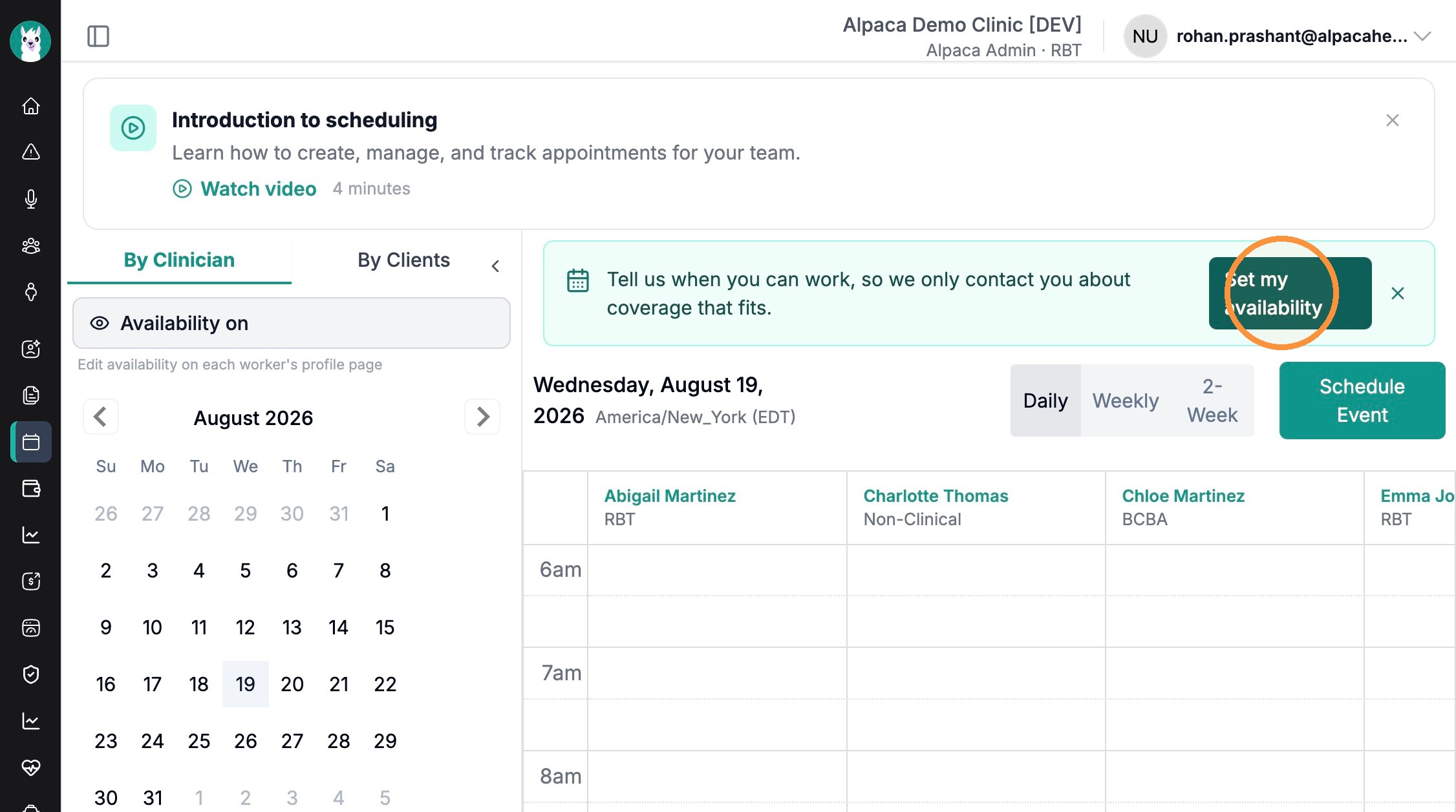 Set my availability button highlighted on the schedule banner