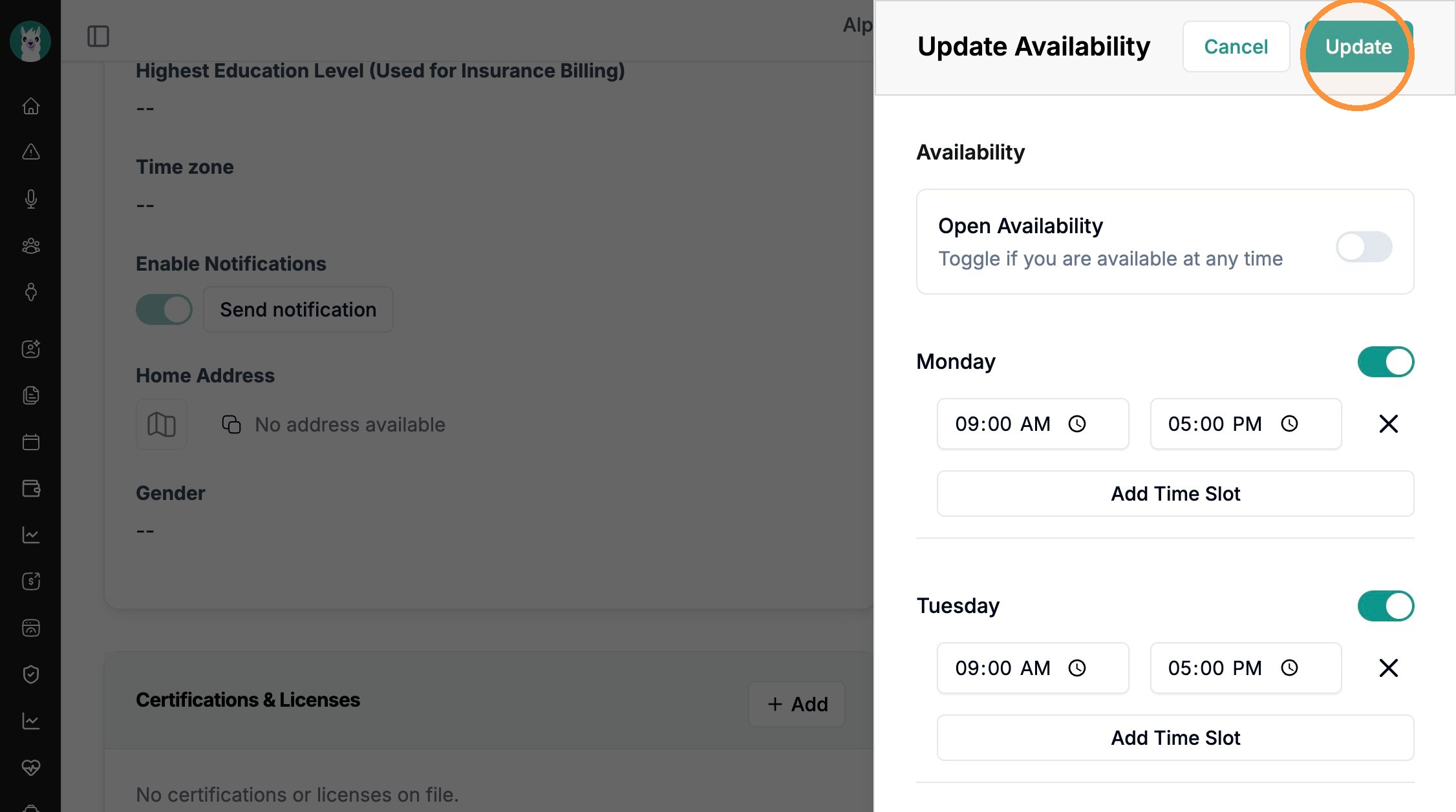 Update button highlighted at the top of the availability panel
