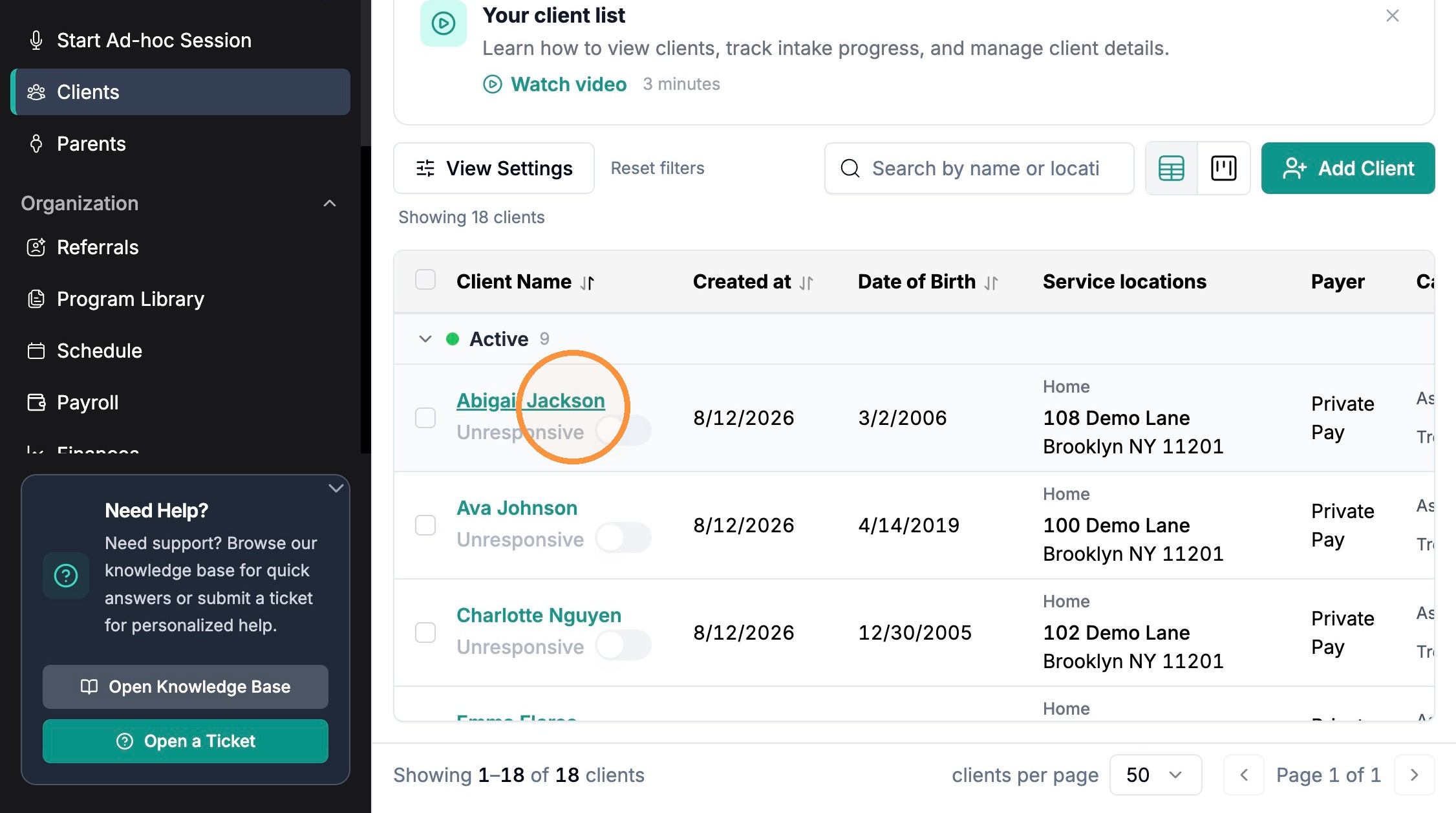 Client List with a client name highlighted