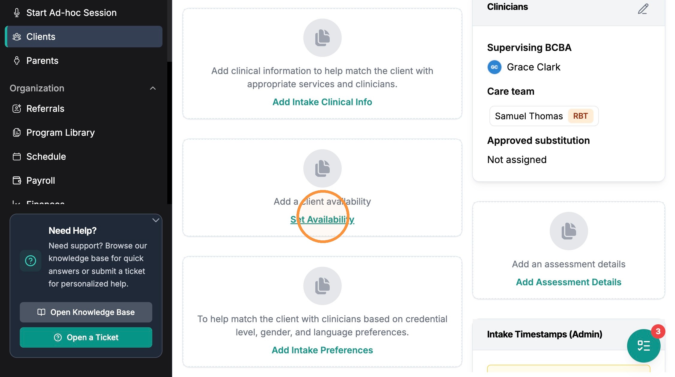 Client Overview with the Set Availability card highlighted