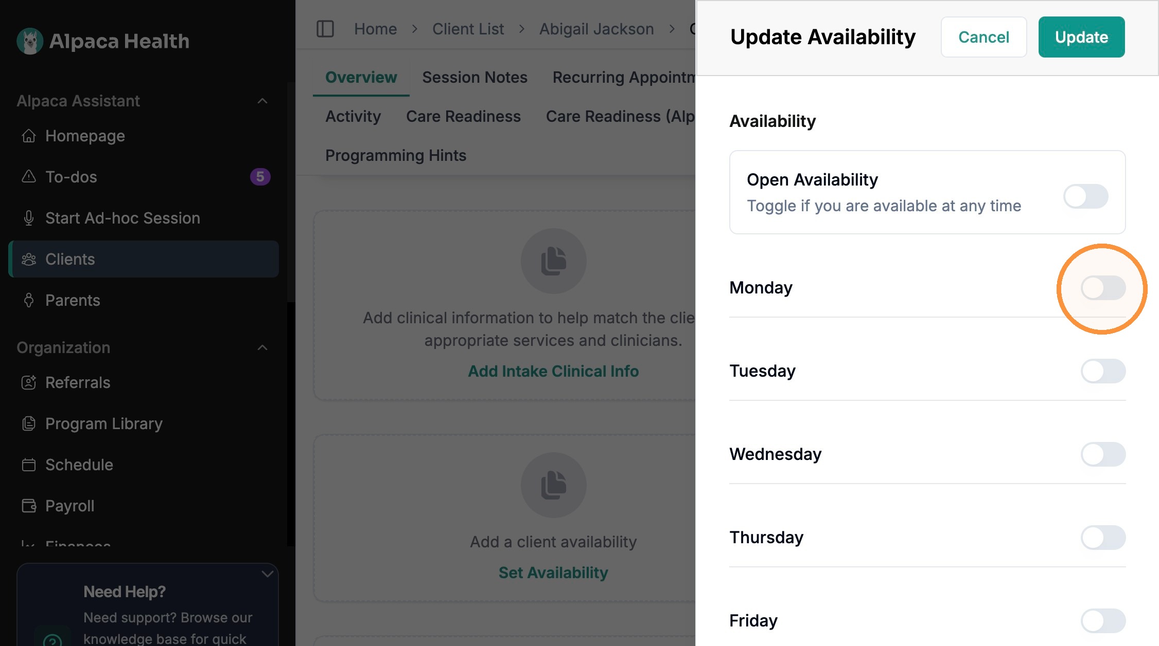 Client availability editor with day toggles