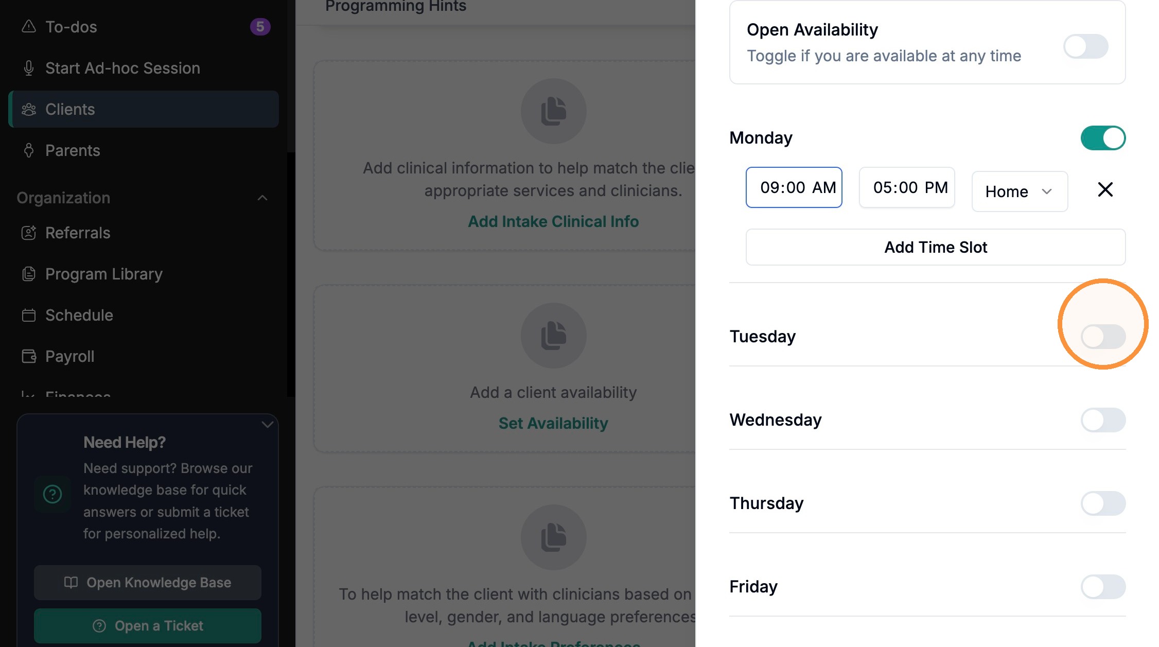 Client time slot showing the location dropdown next to the times