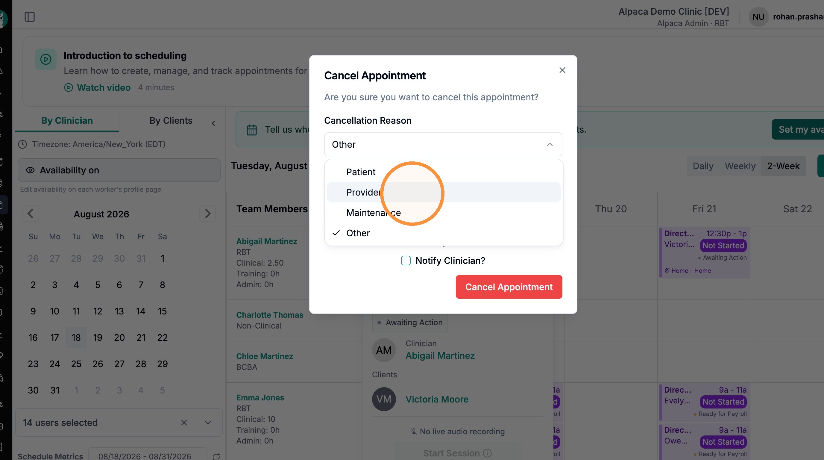 Cancellation Reason dropdown open with Provider being selected