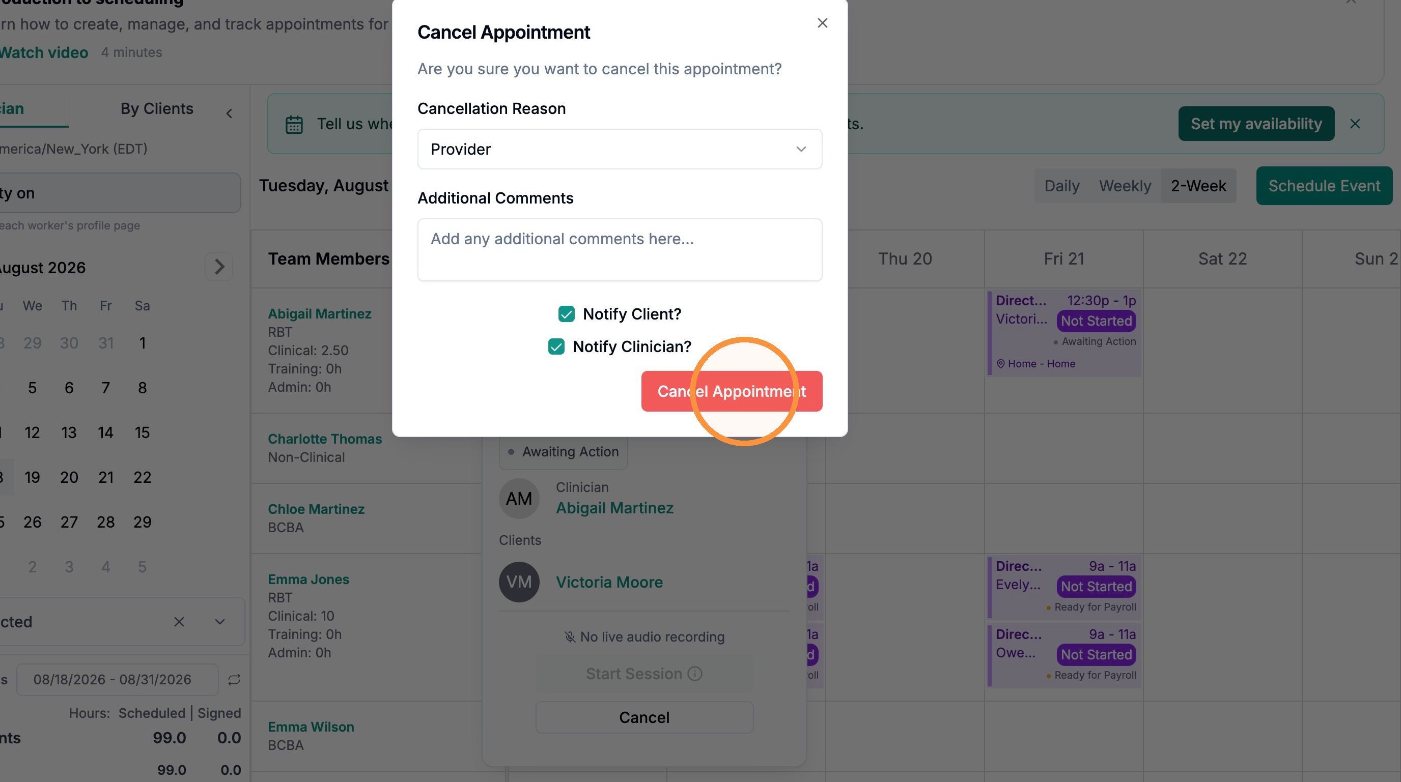 Both notify checkboxes checked and the red Cancel Appointment button highlighted