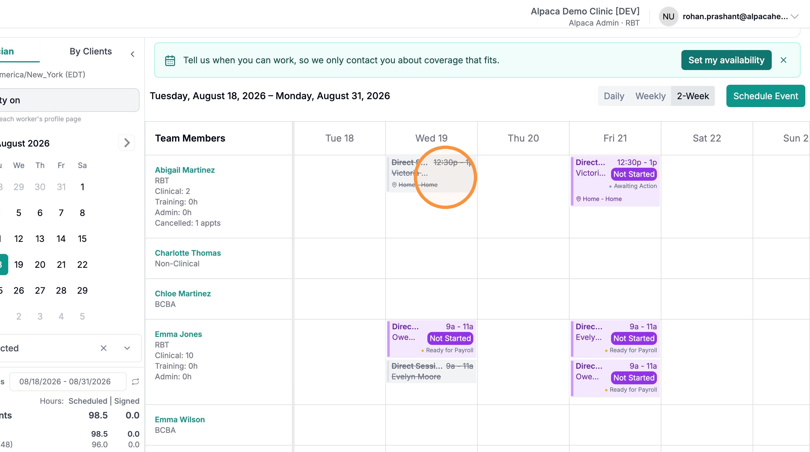 Schedule with a canceled appointment highlighted