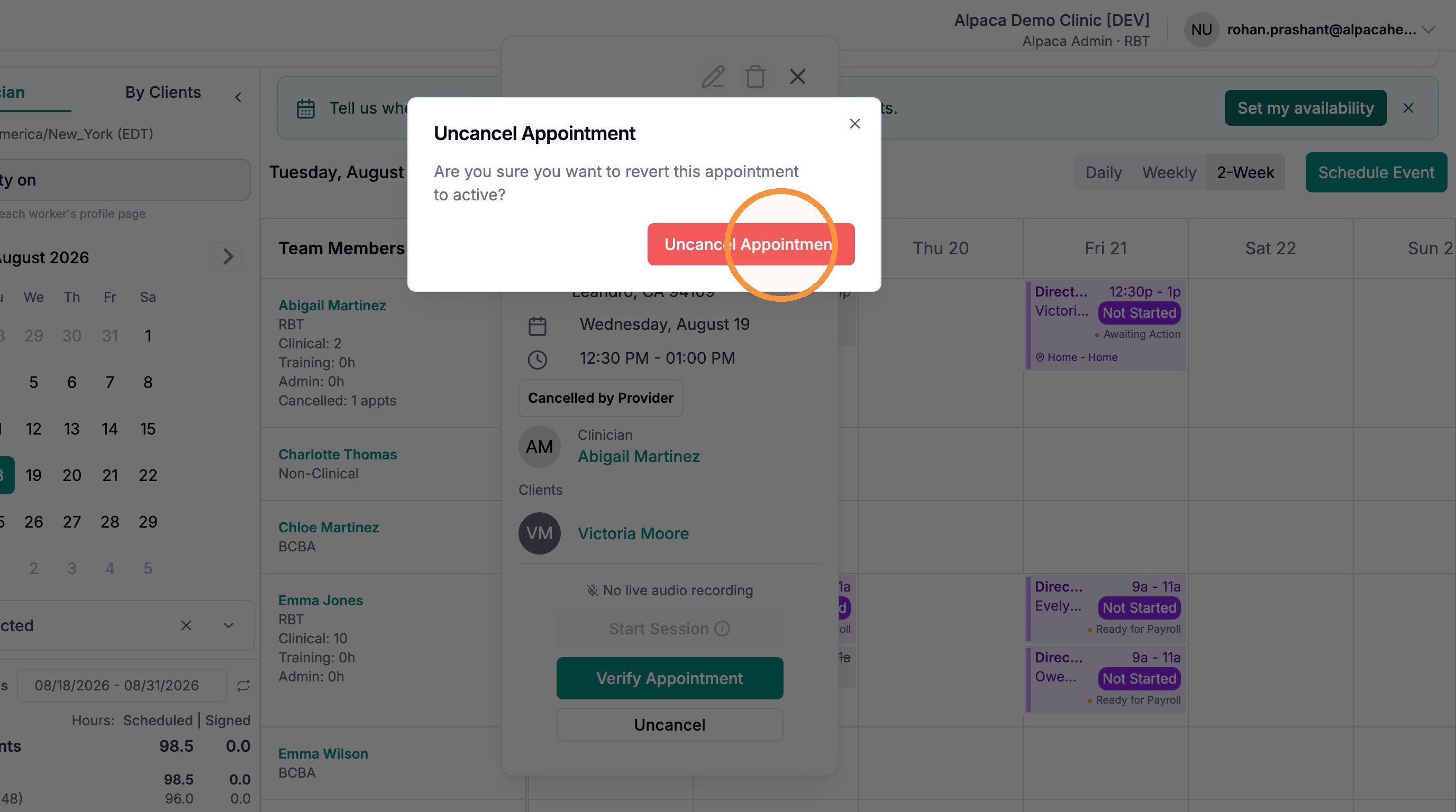 Uncancel Appointment confirmation dialog