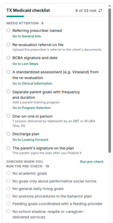 The TX Medicaid checklist in the re-evaluation tool